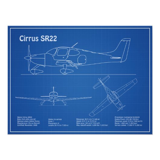 Cirrus SR22 - Vliegtuigblauwdruk Tekenplannen AD Foto Afdruk (Voorkant)