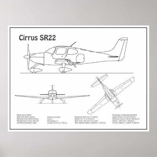 Cirrus SR22 - Vliegtuigblauwdruk Tekenplannen BD Poster (Voorkant)