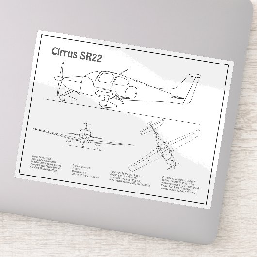 Cirrus SR22 - Vliegtuigblauwdruk Tekenplannen BD Sticker (Detail)