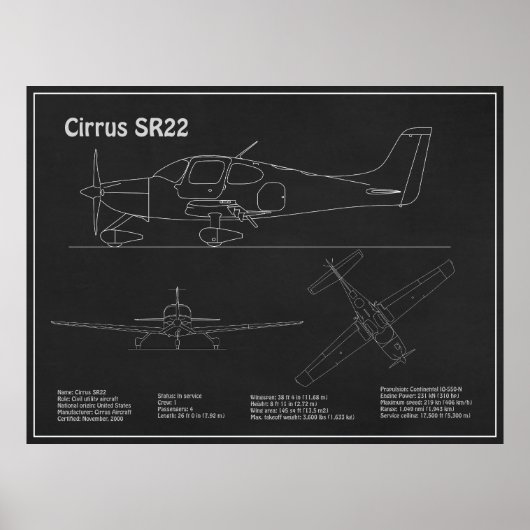 Cirrus SR22 - Vliegtuigblauwdruk Tekenplannen PD Poster (Voorkant)