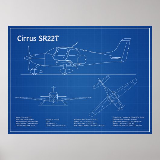 Cirrus SR22T - Plannen voor vliegtuigblauwdruk AD Poster (Voorkant)