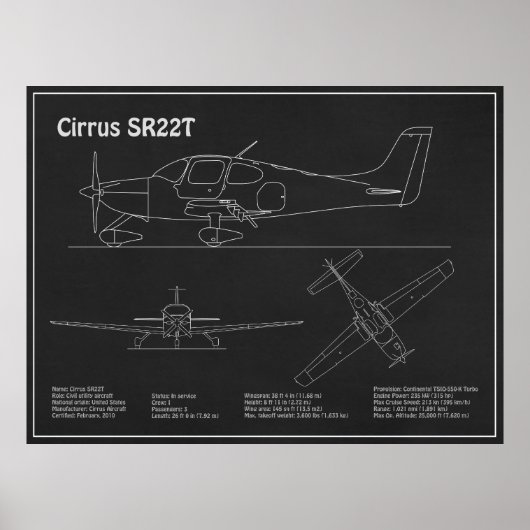Cirrus SR22T - Vliegtuig Blauwdruk Tekenplannen PD Poster (Voorkant)