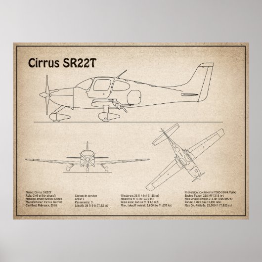Cirrus SR22T - Vliegtuig Blauwdruk Tekenplannen SD Poster (Voorkant)