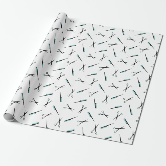 Cissors & Combs Pattern - Black White & Turquoise Cadeaupapier (Uitgerold)