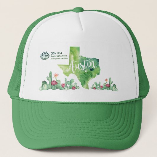 CISV Austin Milieu en duurzaamheid Trucker Pet (Voorkant)