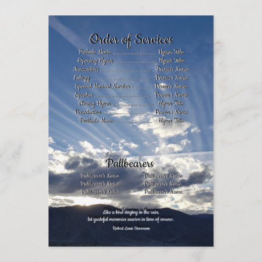 Citaat Foto Sunset met Cloud Lines Funeral Programmakaart (Achterkant)