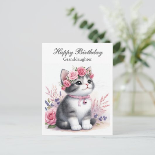 Citaat Kitten Roze Rozen Kleindochter Feestdagenkaart (Staand voorkant)