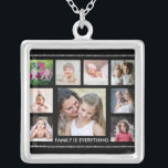 Citaat van de Zwarte en Zilver Familie 9 Foto Coll Zilver Vergulden Ketting<br><div class="desc">Uniek ketting van de fotocollage om met 9 afbeeldingen te personaliseren. Familie is alles wat typografie citeert maakt het ketting van het lijst van de afbeelding een keepnaam voor familieleden.</div>