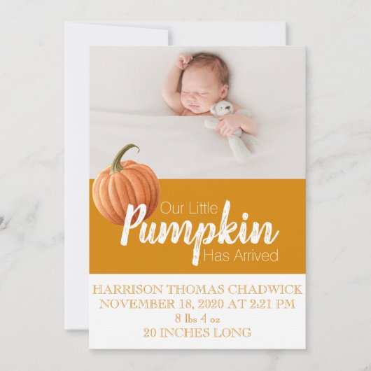 Citrine Herfst Oogst Pompoen Single Foto Baby Aankondiging (Voorkant)