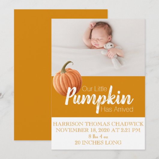 Citrine Herfst Oogst Pompoen Single Foto Baby Aankondiging (Voorkant / Achterkant)
