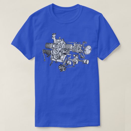 Citroen 2CV-motor explodeerde tekening T-shirt (Design voorkant)