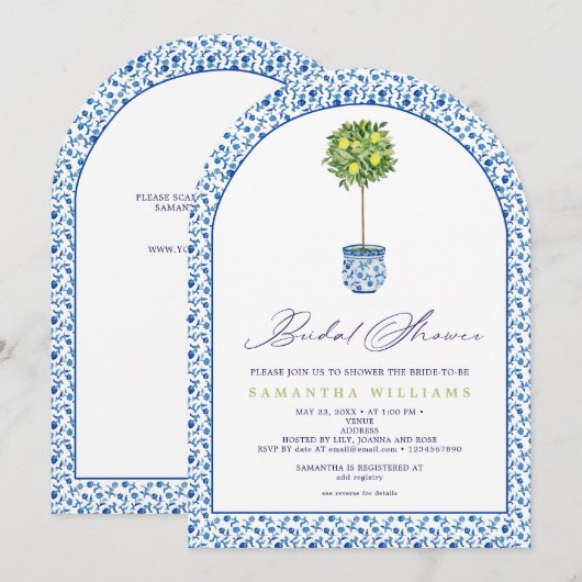 Citroen Blauwe Mediterraanse Tegels Tuin Bruidsfee Kaart (Voorkant / Achterkant)