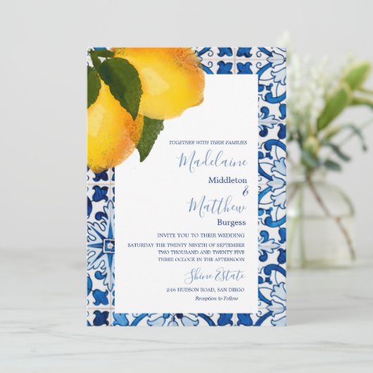 Citroen Blauwe Mediterrane Tegel Chic Stijlvolle T Kaart (Staand voorkant)