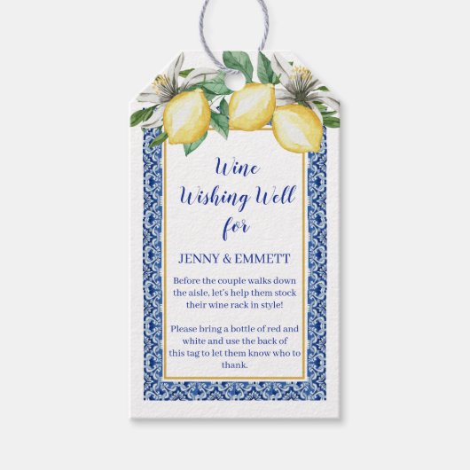 Citroen Blauwe Tegel Wijn Wensput Bruidsdouche Cadeaulabel (Voorkant)