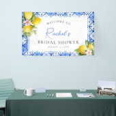 Citroen Blauwe Tegels Bloemige Bruiloft Feest Welk Spandoek (Beurs)