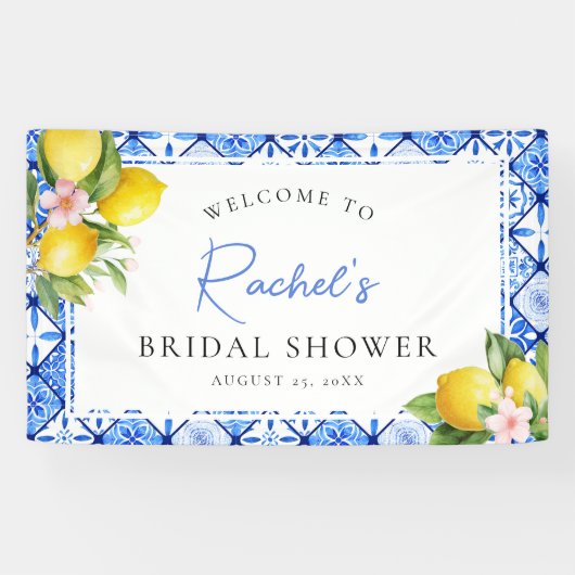 Citroen Blauwe Tegels Bloemige Bruiloft Feest Welk Spandoek (Horizontaal)