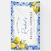 Citroen Blauwe Tegels Bloemige Bruiloft Feest Welk Spandoek (Verticaal)