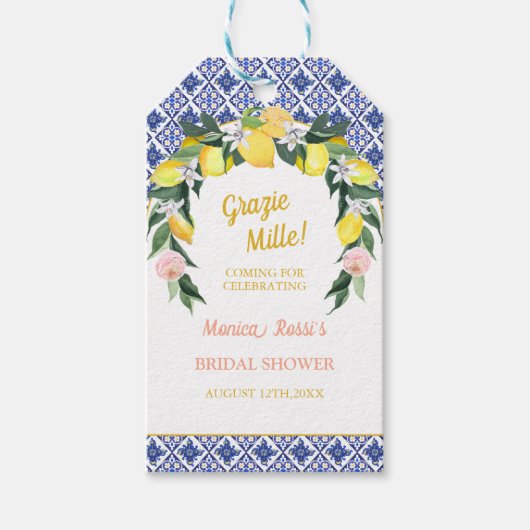 Citroen Blauwe Tegels Grazie Mille Bruiloft Feest Cadeaulabel (Voorkant)