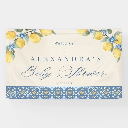 Citroen Blauwe Tegels Italiaanse Baby Shower Vlagg Spandoek (Horizontaal)