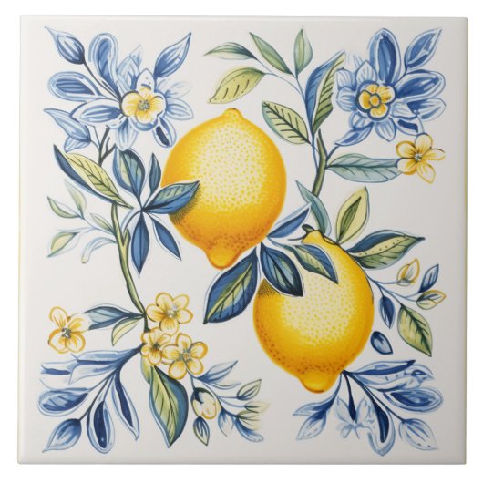 Citroen, blauwe tegels, Siciliaanse tegels, Kerami Tegeltje (Voorkant)