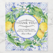 Citroen Bloemen Rustiek Blauw Wit Bruiloft Wijn Etiket (Enkel label)