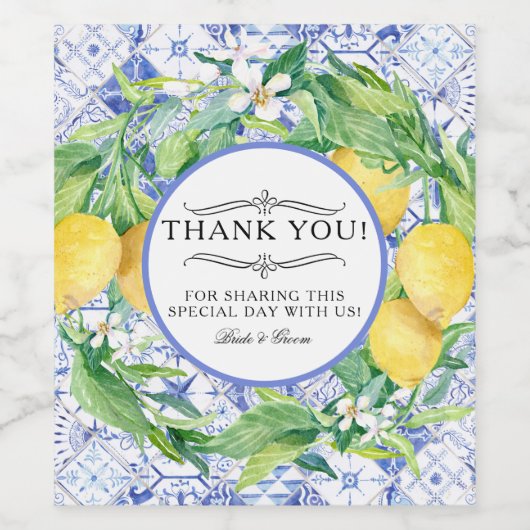 Citroen Bloemen Rustiek Blauw Wit Bruiloft Wijn Etiket (Enkel label)