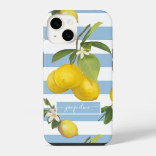 Citroen Bloemig Groene Blauw Witte Gestreepte iPhone 14 Hoesje