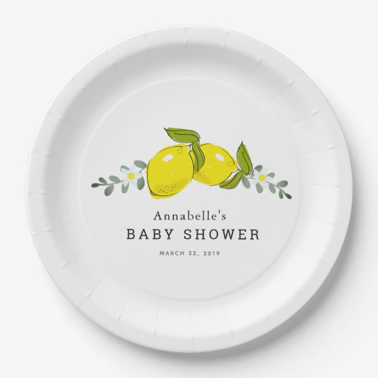 Citroen Bloemige Witte Babyshower Papieren Bord (Voorkant)