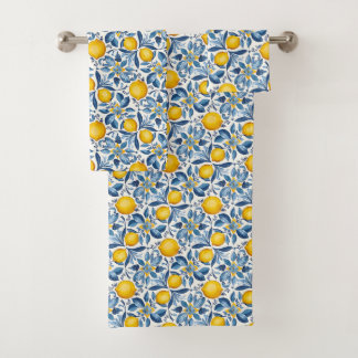 Citroen botanische blauwe en gele zomerprint bad handdoek