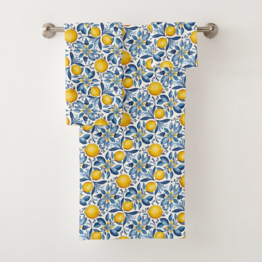 Citroen botanische blauwe en gele zomerprint bad handdoek (Insitu)