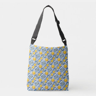 Citroen botanische blauwe en gele zomerprint crossbody tas