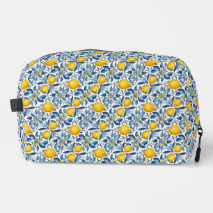Citroen botanische blauwe en gele zomerprint toilettasje