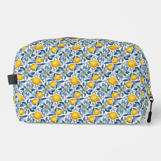 Citroen botanische blauwe en gele zomerprint toilettasje