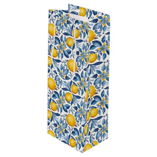 Citroen botanische blauwe en gele zomerprint wijn cadeautas (Voorkant Gekanteld)