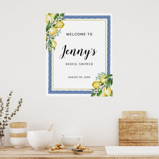 Citroen Botanische Blauwe Tegel Bruiloft Welcome Poster (Keuken)