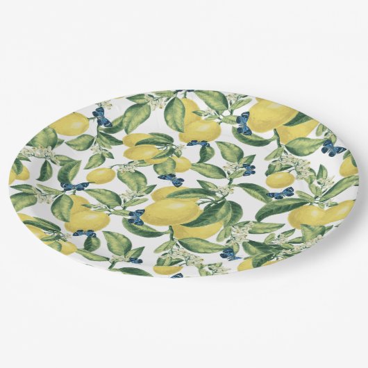 Citroen Botanische Blauwe Vlinders Papieren Bordje (Gekanteld)