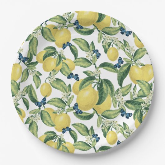 Citroen Botanische Blauwe Vlinders Papieren Bordje (Voorkant)