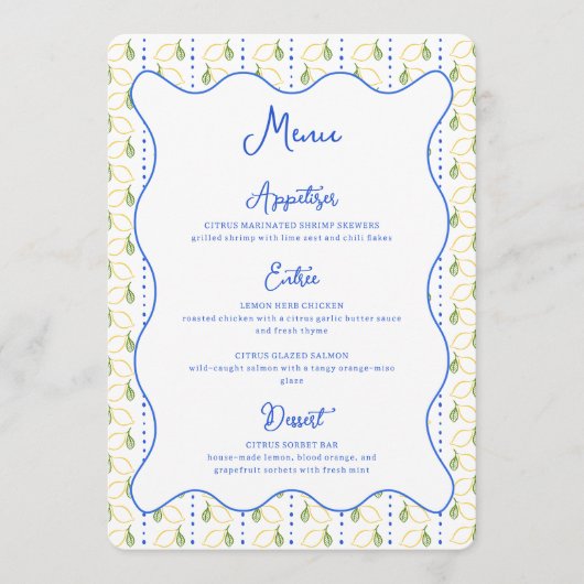 Citroen Botanische Citrus Blauw & Geel Chic Weddin Menu (Voorkant)