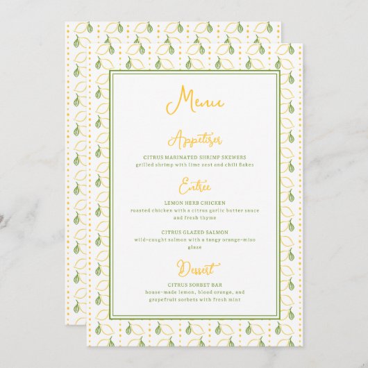 Citroen botanische citrus zomertuin bruiloft menu (Voorkant / Achterkant)