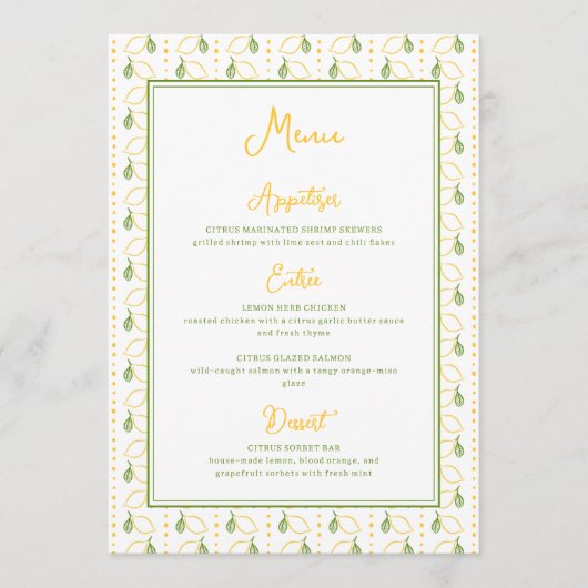 Citroen botanische citrus zomertuin bruiloft menu (Voorkant)