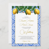 Citroen Botanische Italiaans Blauwe Tegel Bruiloft Kaart (Voorkant)