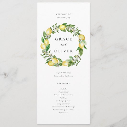 Citroen botanische krans met groen bruiloft programmakaart (Voorkant)
