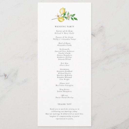 Citroen botanische krans met groen bruiloft programmakaart (Achterkant)