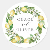 Citroen botanische krans met groen bruiloft ronde sticker (Voorkant)