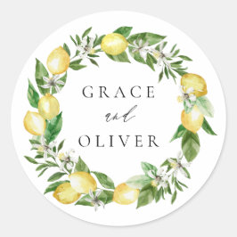 Citroen botanische krans met groen bruiloft ronde sticker