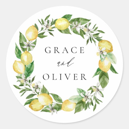 Citroen botanische krans met groen bruiloft ronde sticker (Voorkant)