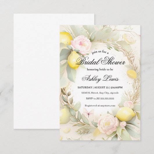 Citroen Bruids douche uitnodiging, Citrusvruchten Kaart (Voorkant / Achterkant)