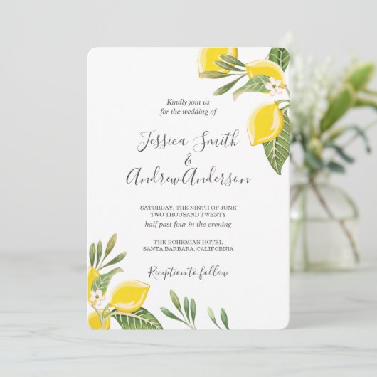 Citroen bruiloft uitnodiging Boheemse bloemen Citr (Staand voorkant)