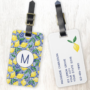 Citroen Citrus Aquarel Blauwe Tegel Monogram Bagagelabel