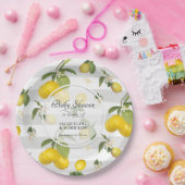 Citroen Citrus bloemblaadje wit in grijze streep Papieren Bordje (Feest)